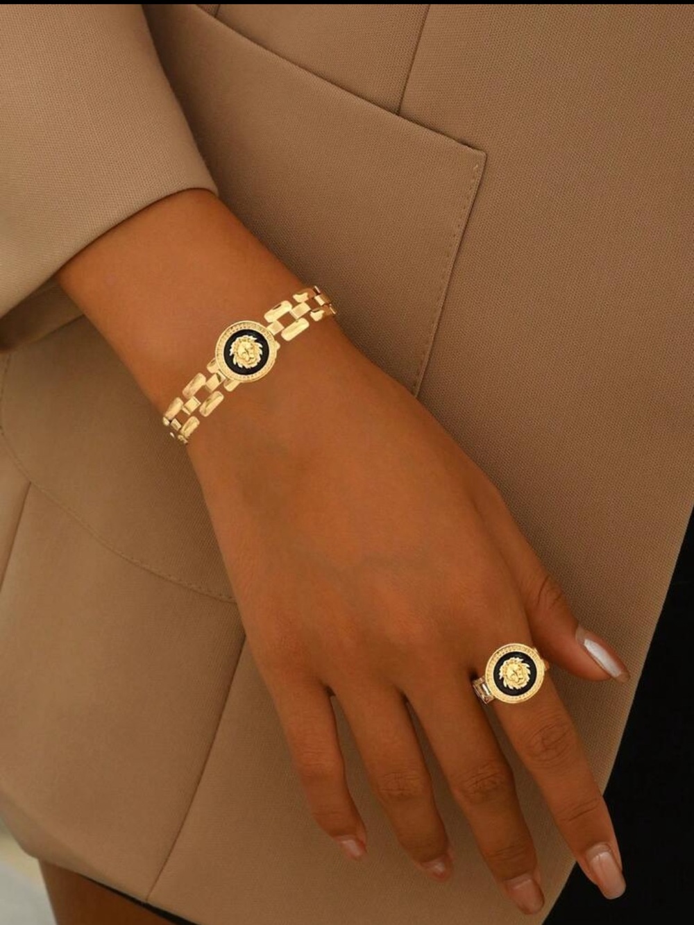 Gold-tone Medallion Ring and Bracelet Set with Black Accent - Picture 2 of 6